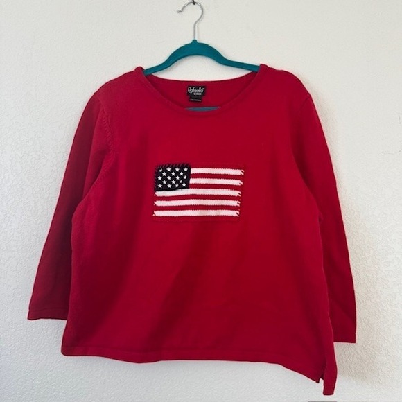 Rafaella Sweaters - Rafaella Women's Red 3/4 Sleeve Sweater with Embroidered American Flag 2X